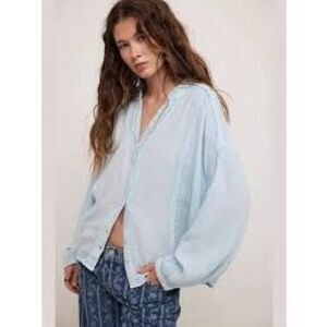 NWT Free People Valley Cotton Doublecloth Button-Up Shirt Ice Water Medium